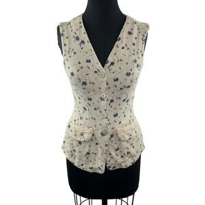 KAZAK Beige Linen Cottage Core Floral Print Button Up Vest Pocket Top 8 RARE